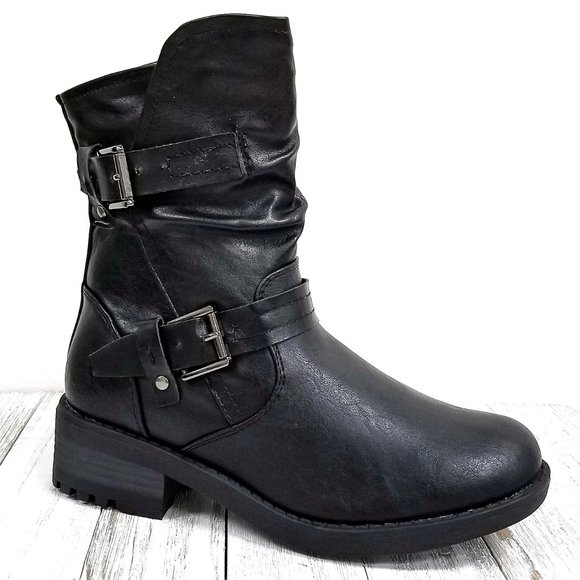New Black Mid-Calf Biker Short Boots Bootes - Picture 2 of 4
